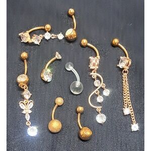 Lot of 8 Gold Tone Belly Button Rings Dangle CZ Navel Piercing Jewelry New